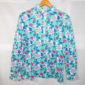 Leon Levin  Long Sleeve floral Polo shirt Womens L Teal Pink Blue